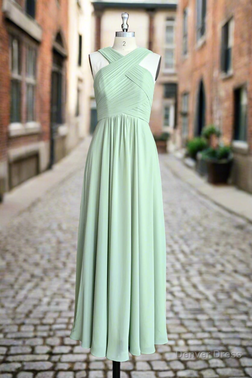 A Line Halter Chiffon Green Pleated Long Bridesmaid Dress Main image