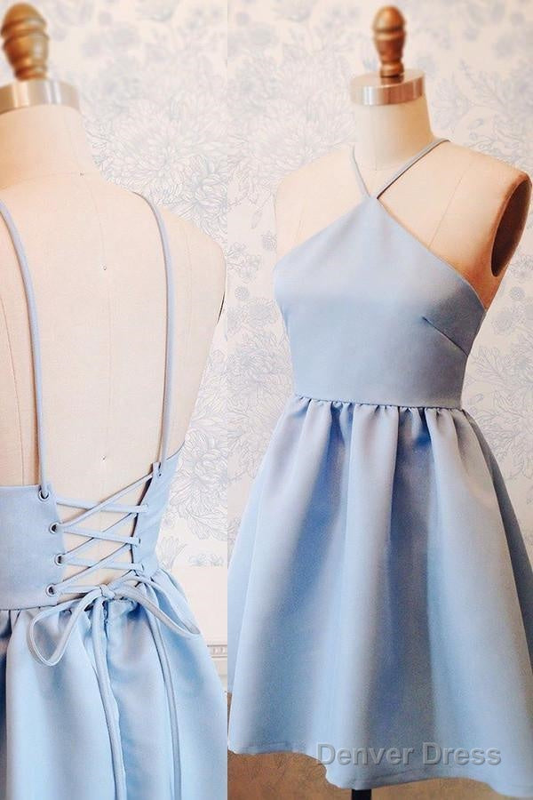 A Line Halter Lace Up Short Blue Satin Homecoming Dresses Secondary image