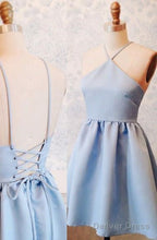 A Line Halter Lace Up Short Blue Satin Homecoming Dresses