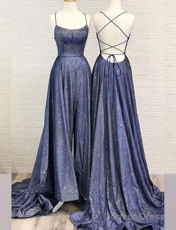 A Line Halter Navy Blue Long Prom Dresses Split Front Criss Cross