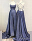 A Line Halter Navy Blue Long Prom Dresses Split Front Criss Cross