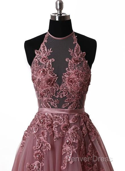 A Line Halter Neck Lace Prom Dress With Sweep Train, Backless Prom Dress
