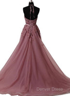 A Line Halter Neck Lace Prom Dresses With Sweep Train,  Backless Formal Dresses, Evening Dresses