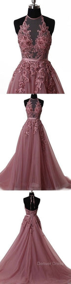 A Line Halter Neck Lace Prom Dress With Sweep Train, Backless Prom Dress