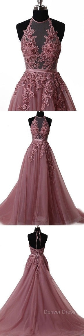 A Line Halter Neck Lace Prom Dress With Sweep Train, Backless Prom Dress