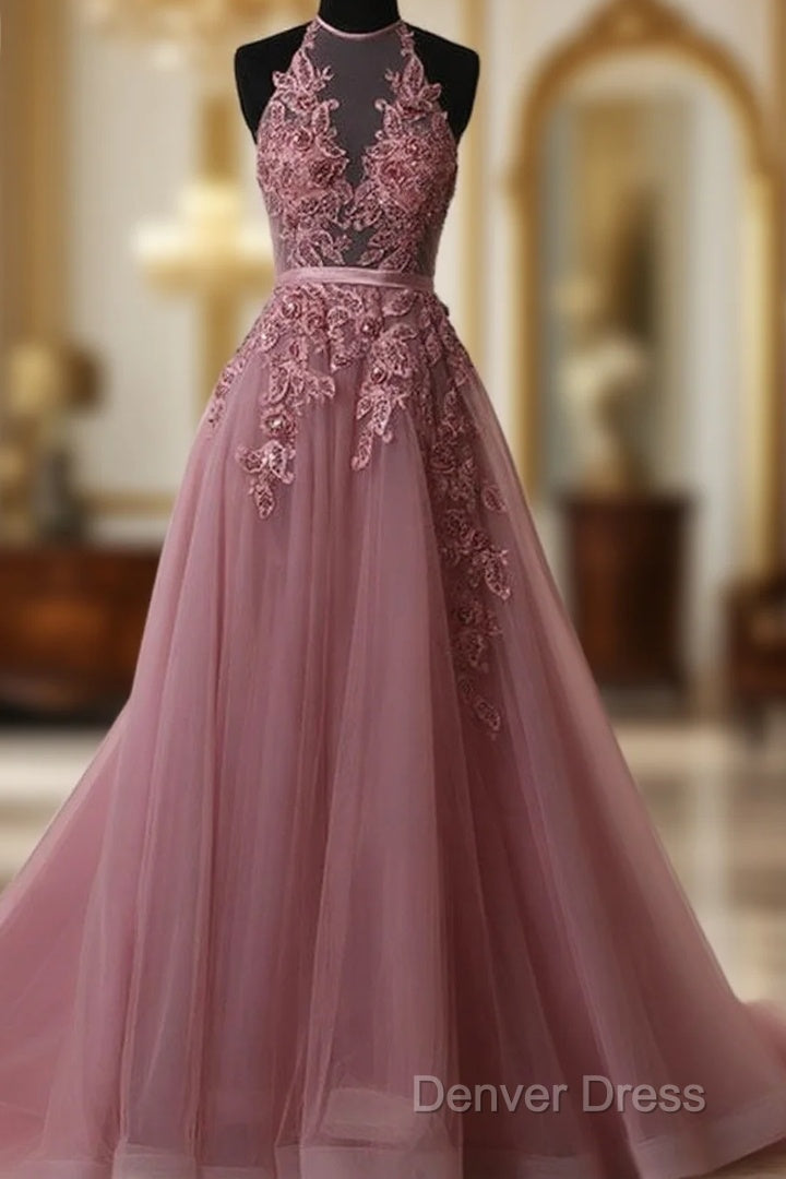A Line Halter Neck Lace Prom Dresses With Sweep Train,  Backless Formal Dresses, Evening Dresses Main image