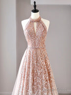 A Line Halter Neck Sequined Tulle Long Prom Dress