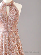 A Line Halter Neck Sequined Tulle Long Prom Dress