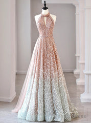 A-Line Halter Neck Sequined Tulle Long Prom Dress, Formal Evening Dress