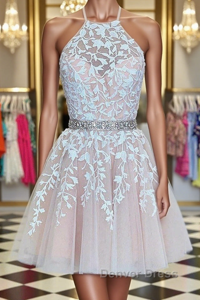 A Line Halter Neck Short Pink Lace Prom Dress with Belt, Pink Lace Prom Graduation Homecoming Dresses