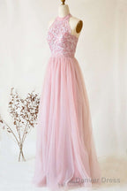 A Line Halter Pink Lace Long Bridesmaid Dresses