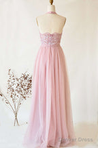 A Line Halter Pink Lace Long Bridesmaid Dresses