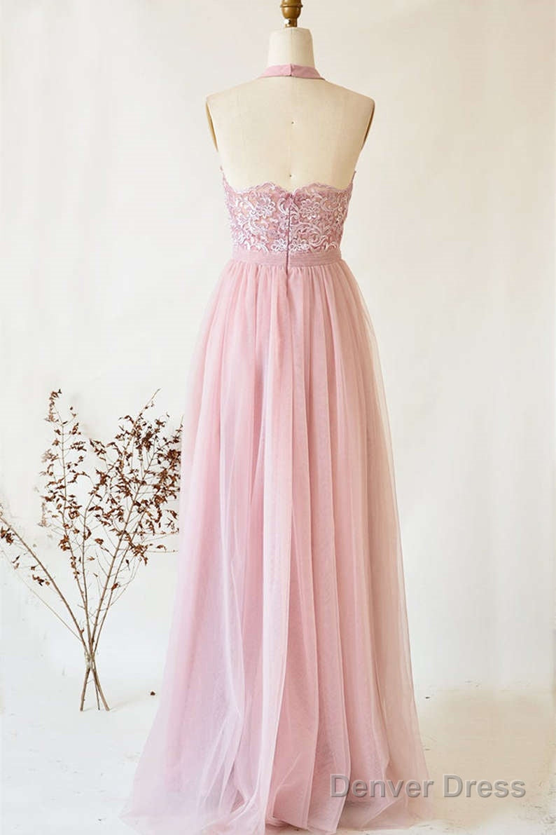 A Line Halter Pink Lace Long Bridesmaid Dresses