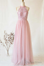 A Line Halter Pink Lace Long Bridesmaid Dresses