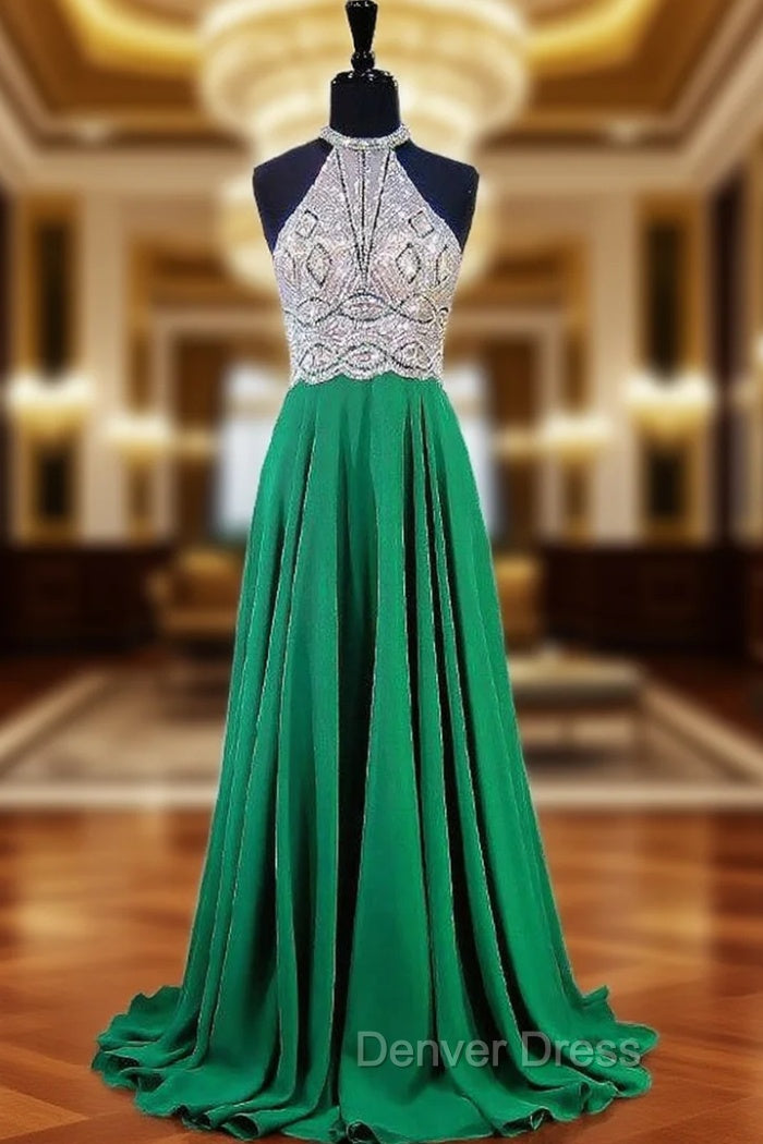 A-line Halter Sleeveless Beaded Floor Length Chiffon Prom Dresses