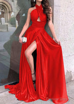 A Line Halter Sleeveless Long Floor Length Charmeuse Prom Dresses With Split