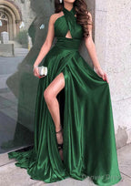 A Line Halter Sleeveless Long Floor Length Charmeuse Prom Dresses With Split