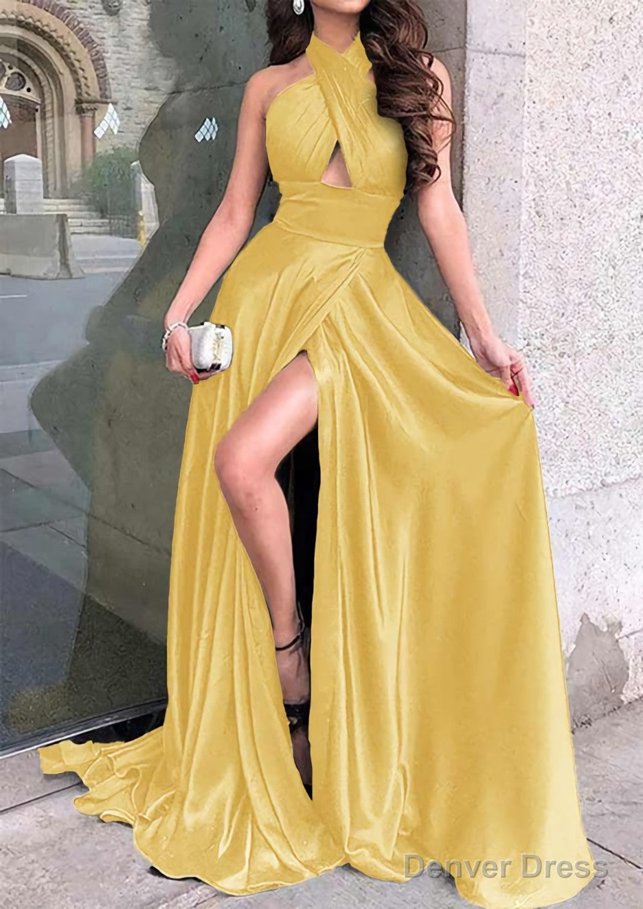A-line Halter Sleeveless Long/Floor-Length Charmeuse Prom Dresses With Split