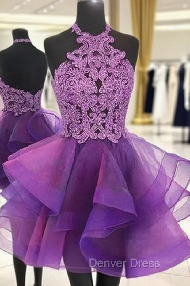 A Line Halter Sleeveless Organza Short Mini Homecoming Dresses With Appliqued Beading Lace