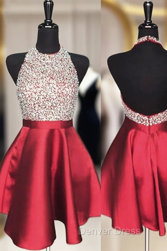 A-line Halter Sleeveless Satin Short/Mini Homecoming Dresses With Beading Sequins Main image
