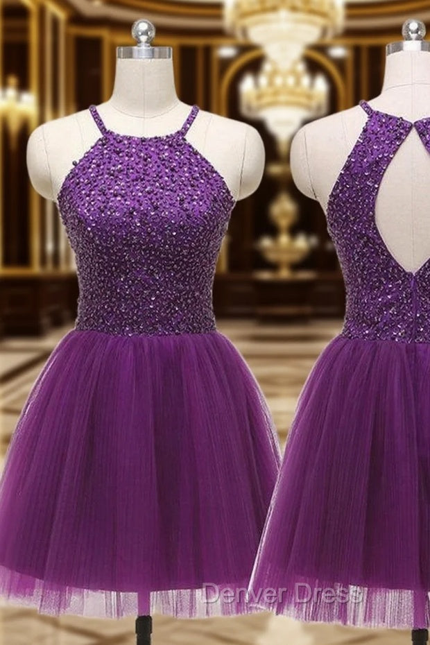 A Line Halter Sleeveless Tulle Short Mini Homecoming Dresses With Beading Pleated Sequins Main image