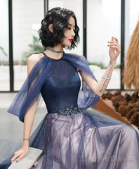 A-Line Halter Tulle Floor Length Prom Dress, Blue Long Party Dresses