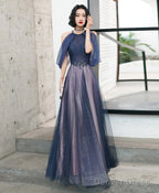 A-Line Halter Tulle Floor Length Prom Dress, Blue Long Party Dresses