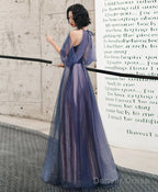 A-Line Halter Tulle Floor Length Prom Dress, Blue Long Party Dresses