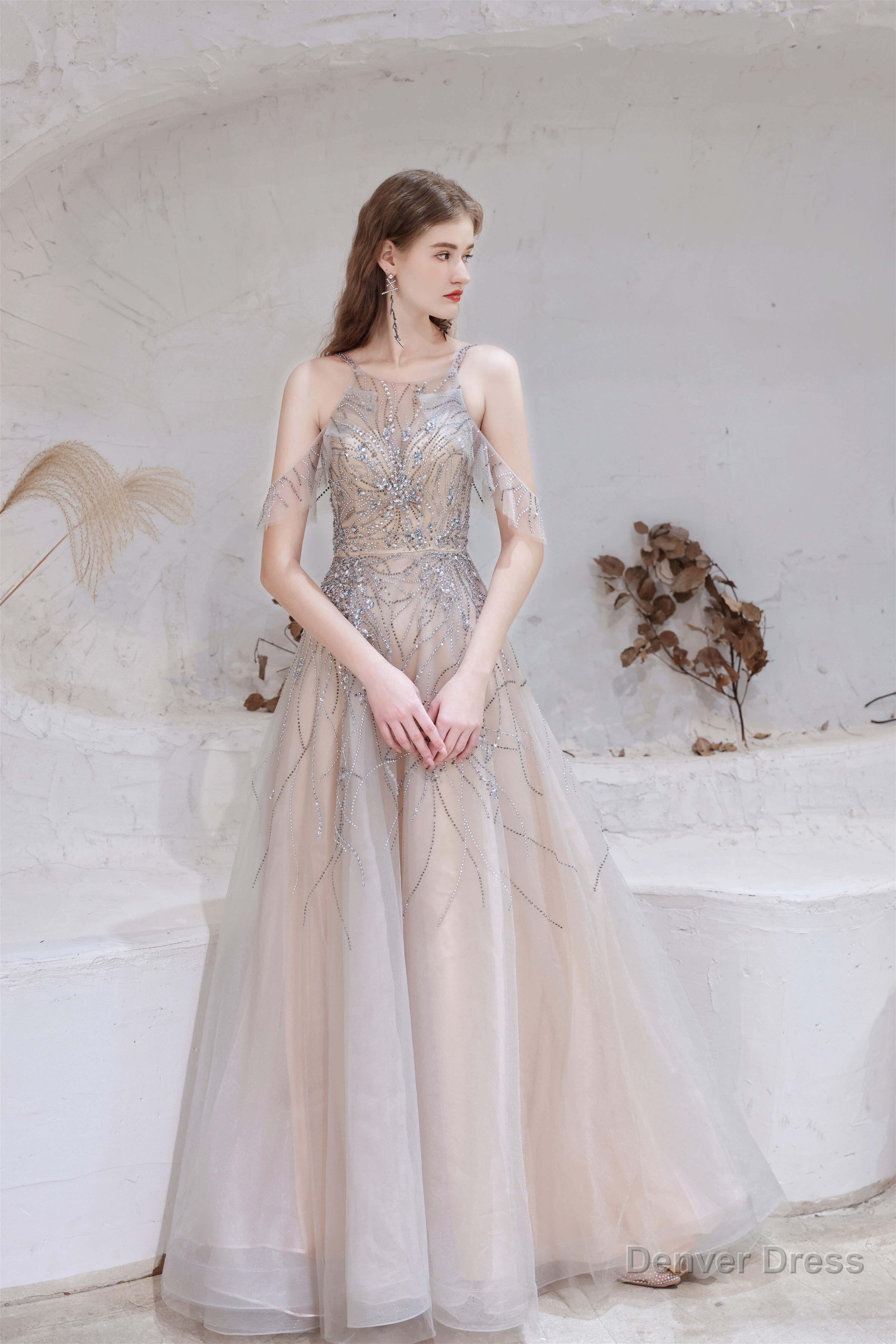 A Line Heavily Beading Tulle Prom Dresses