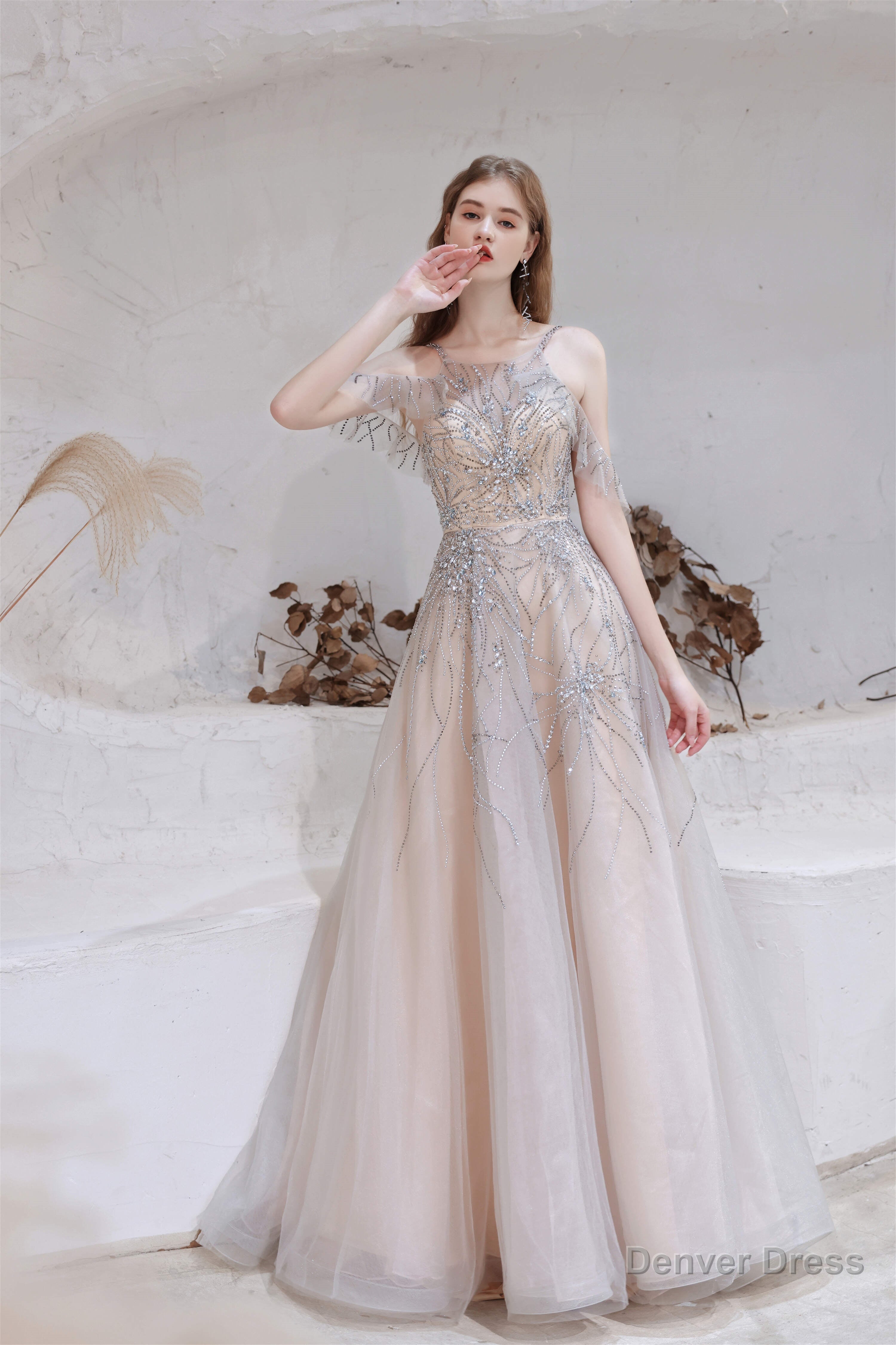 A Line Heavily Beading Tulle Prom Dresses Secondary image