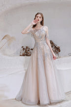 A Line Heavily Beading Tulle Prom Dresses