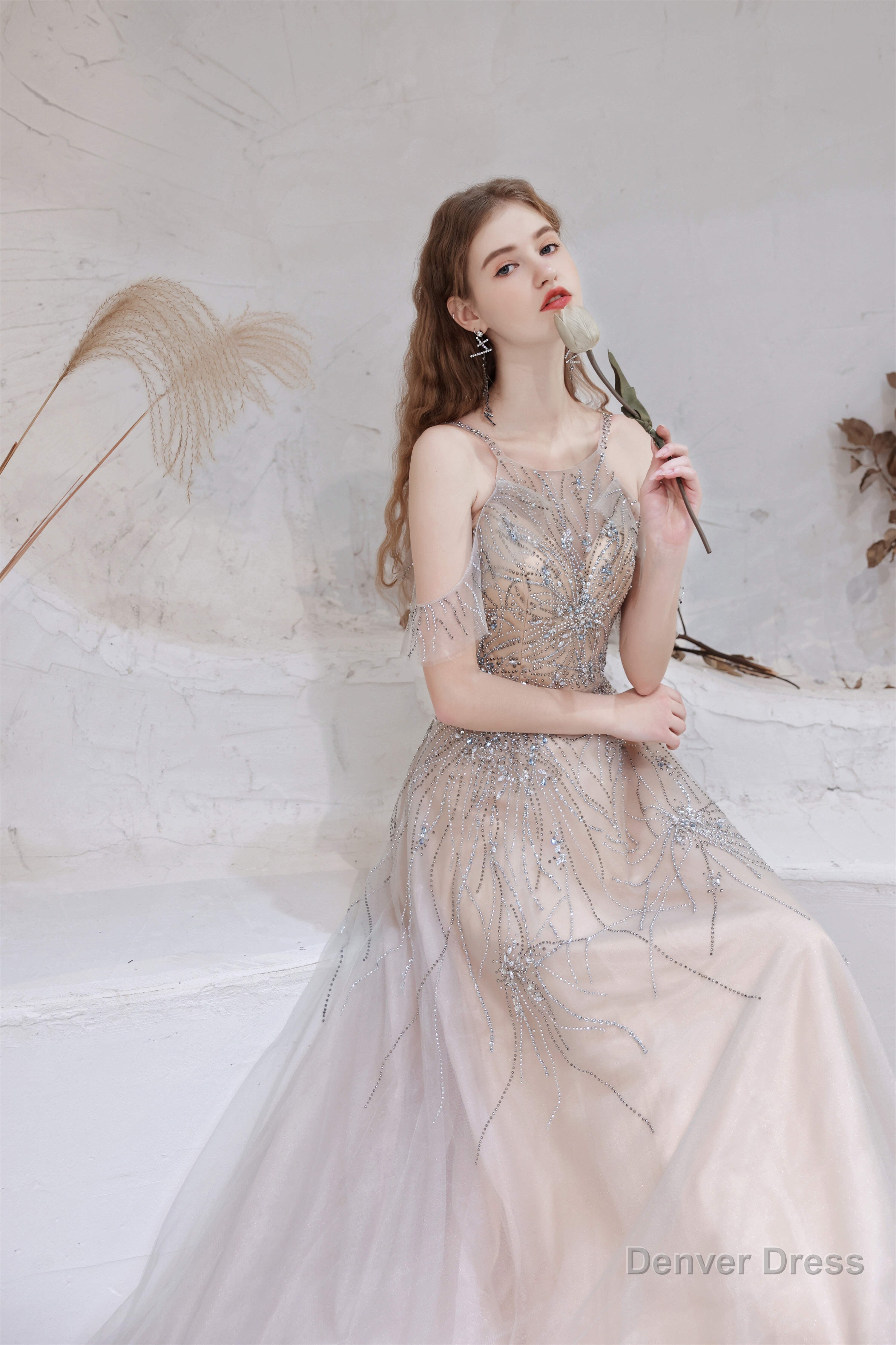 A Line Heavily Beading Tulle Prom Dresses