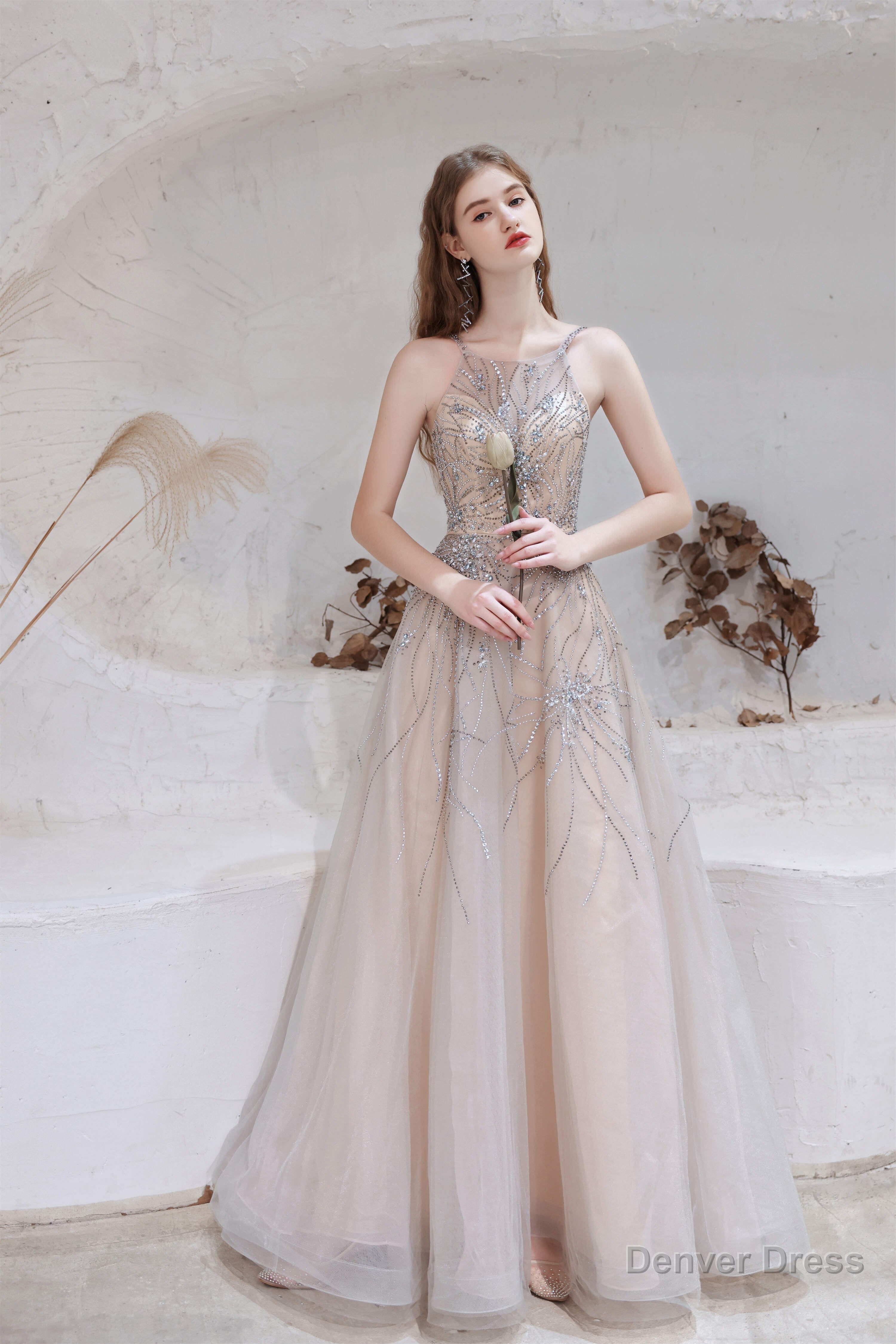 A Line Heavily Beading Tulle Prom Dresses