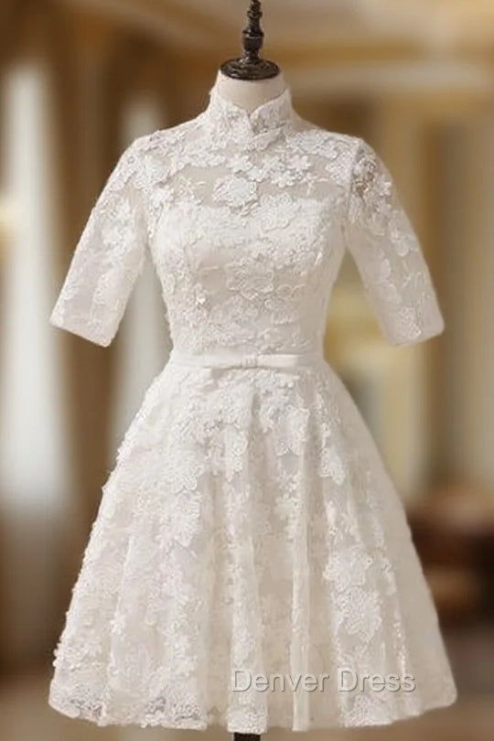 A Line High Collar Lace Half Sleeves Knee Length Wedding Dresses Main image