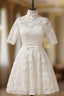 A Line High Collar Lace Half Sleeves Knee Length Wedding Dresses