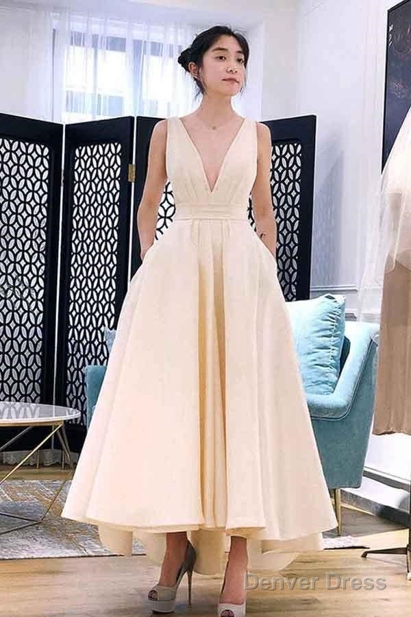 A Line High Low V Neck Short Prom Dress Homecoming Dresses