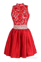A Line High Neck Knee Length Satin Homecoming Dresses With Lace