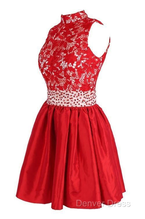 A Line High Neck Knee Length Satin Homecoming Dresses With Lace