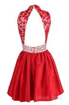 A Line High Neck Knee Length Satin Homecoming Dresses With Lace