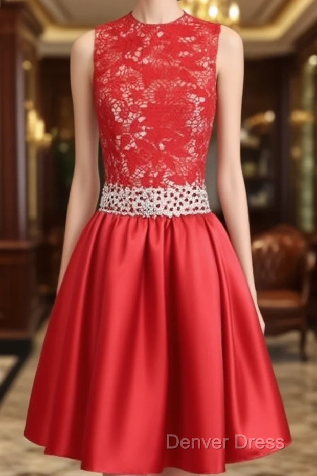 A Line High Neck Knee Length Satin Homecoming Dresses With Lace