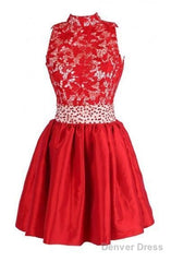 A-Line High Neck Knee Length Satin Homecoming Dress With Lace