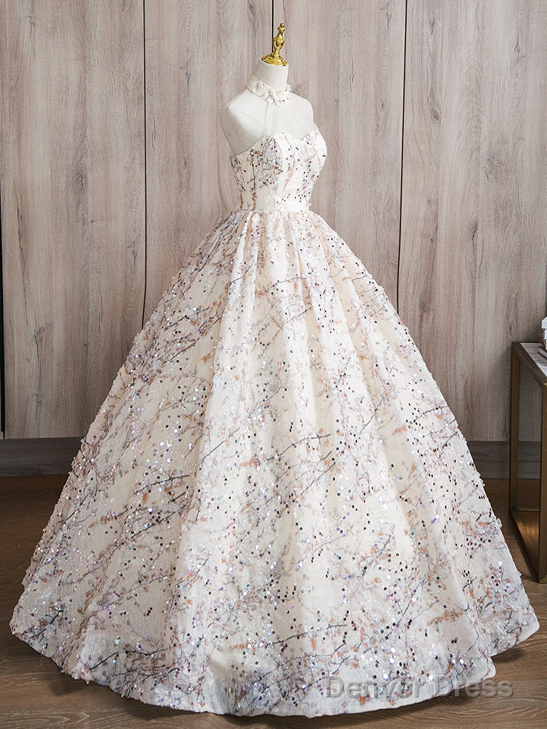 A Line High Neck Lace Champagne Long Prom Dress, Champagne Long Prom Dresses Secondary image