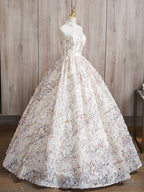 A Line High Neck Lace Champagne Long Prom Dress, Champagne Long Prom Dresses