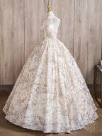 A Line High Neck Lace Champagne Long Prom Dress, Champagne Long Prom Dresses