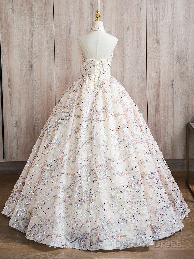 A Line High Neck Lace Champagne Long Prom Dress, Champagne Long Prom Dresses