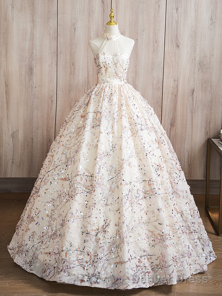 A Line High Neck Lace Champagne Long Prom Dress, Champagne Long Prom Dresses