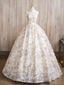 A Line High Neck Lace Champagne Long Prom Dress, Champagne Long Prom Dresses