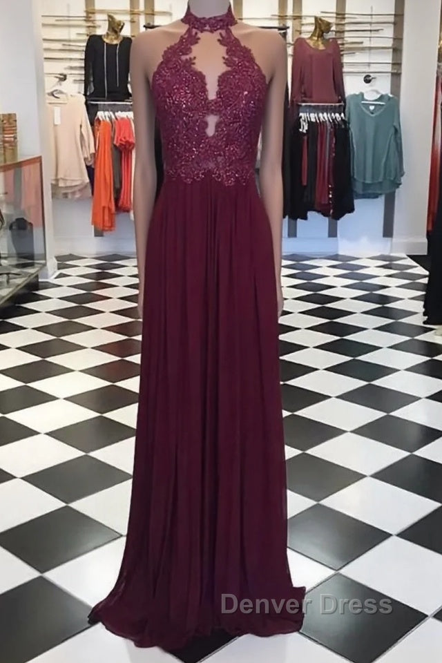 A Line High Neck Lace Long Prom Dresses, Lace Evening Dresses Main image