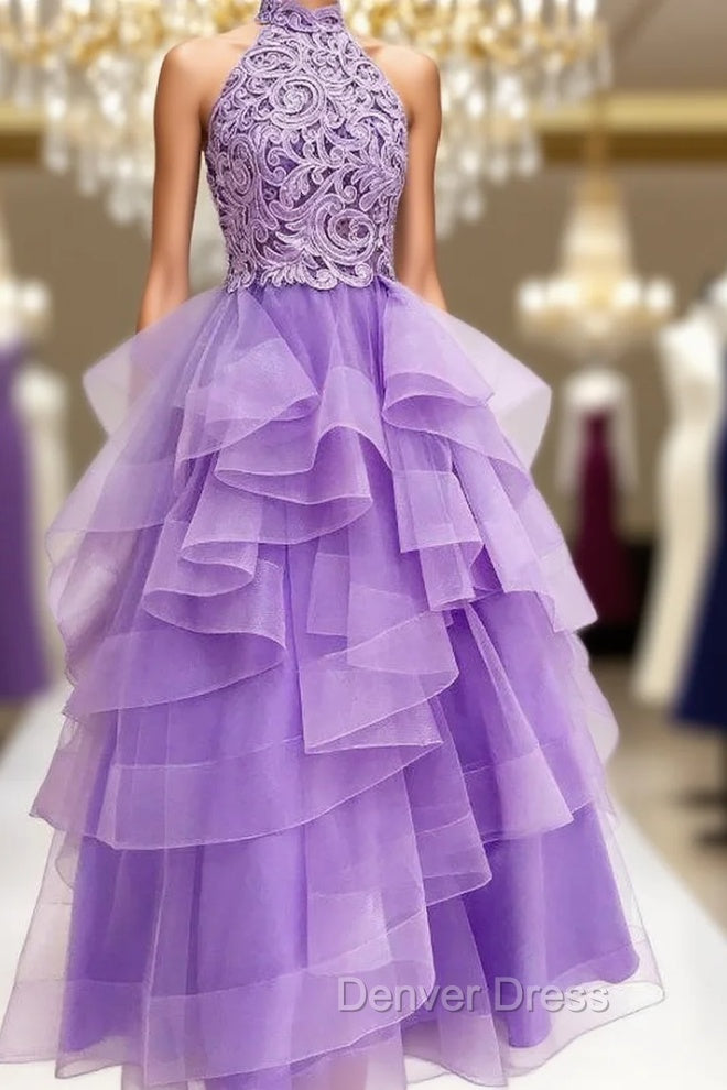 A-Line High Neck Light Purple Tulle Appliques Long Prom Dresses with Beading Main image