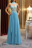 A Line High Neck Open Back Lace Chiffon Ruffles Blue Long Prom Dress, Blue Lace Prom Dress, Blue Lace Graduation Dresses